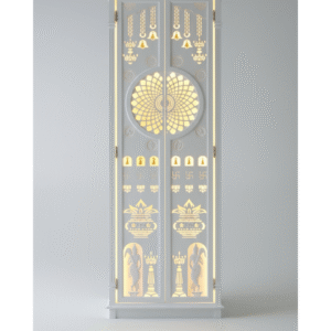 Designer Corian Mandir with backlit laser-cut golden design – Suthar Handicraft