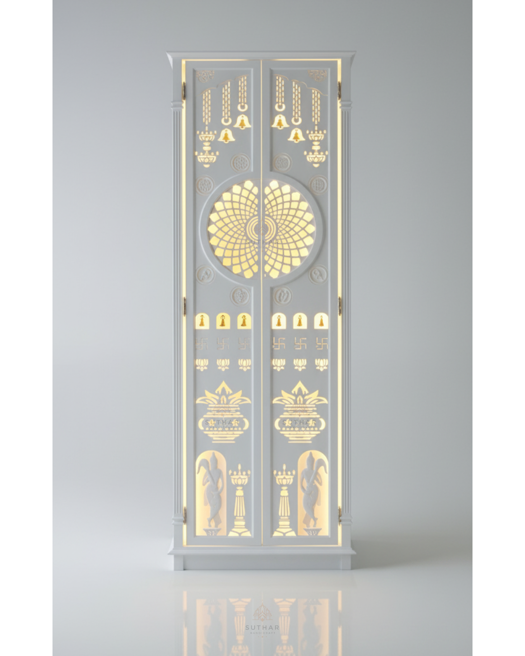 Designer Corian Mandir with backlit laser-cut golden design – Suthar Handicraft