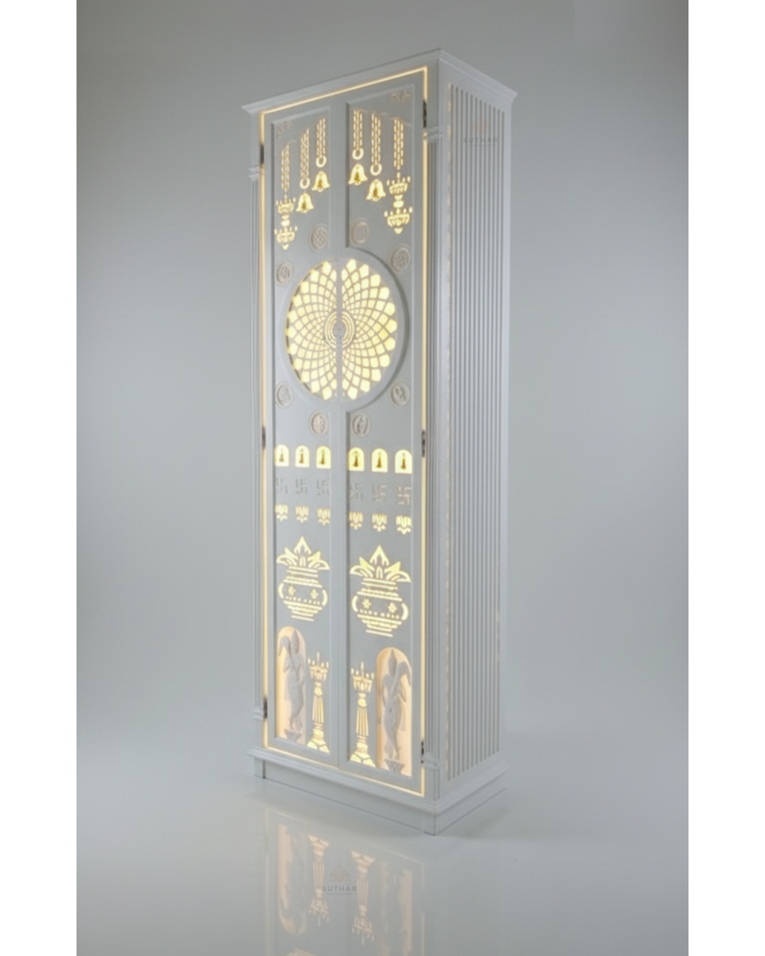 Vertical luxury Corian temple for home with golden LED lighting – Suthar Handicraft