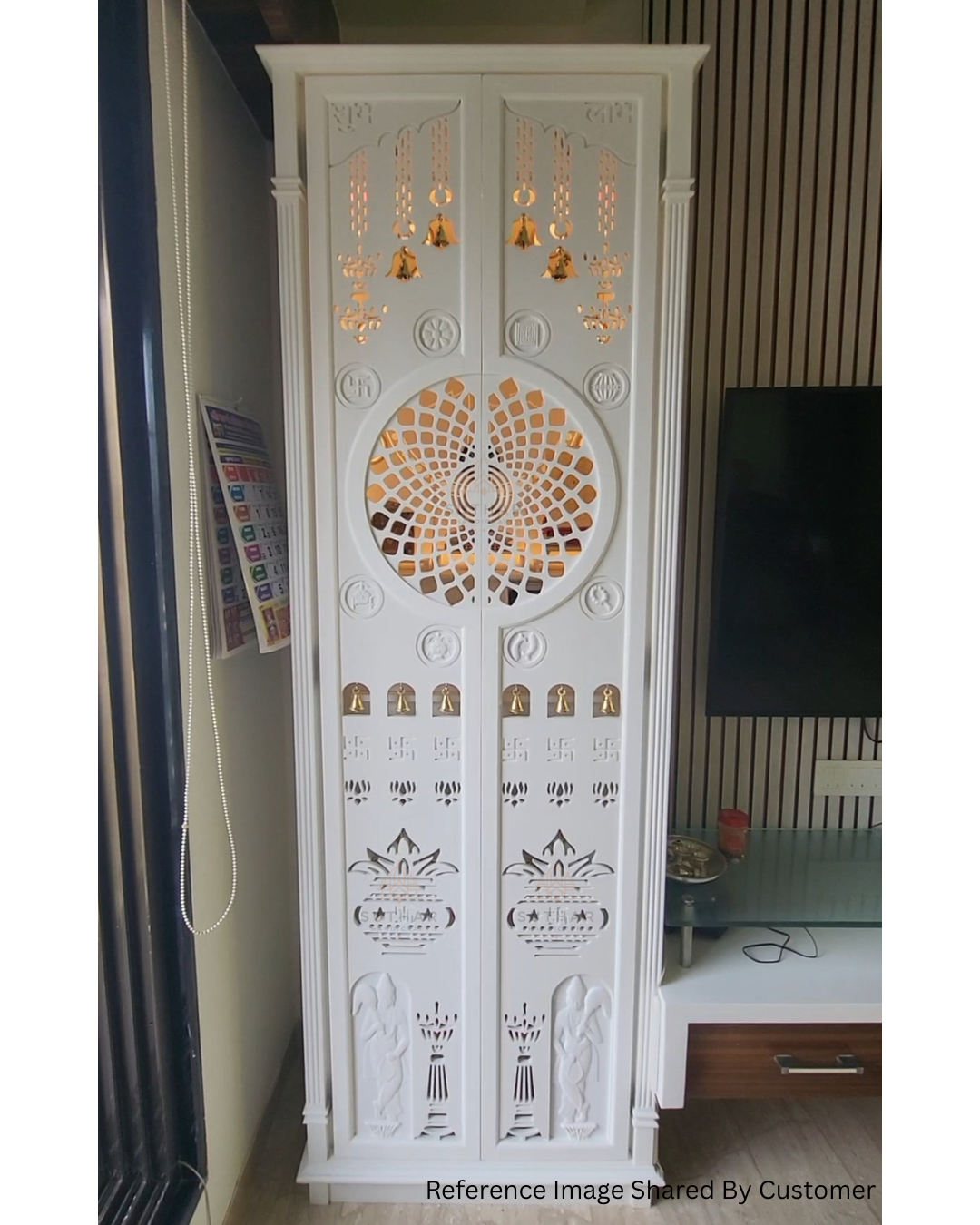 Modern white Corian pooja mandir 72×24×15 inch with backlit panel – Suthar Handicraft