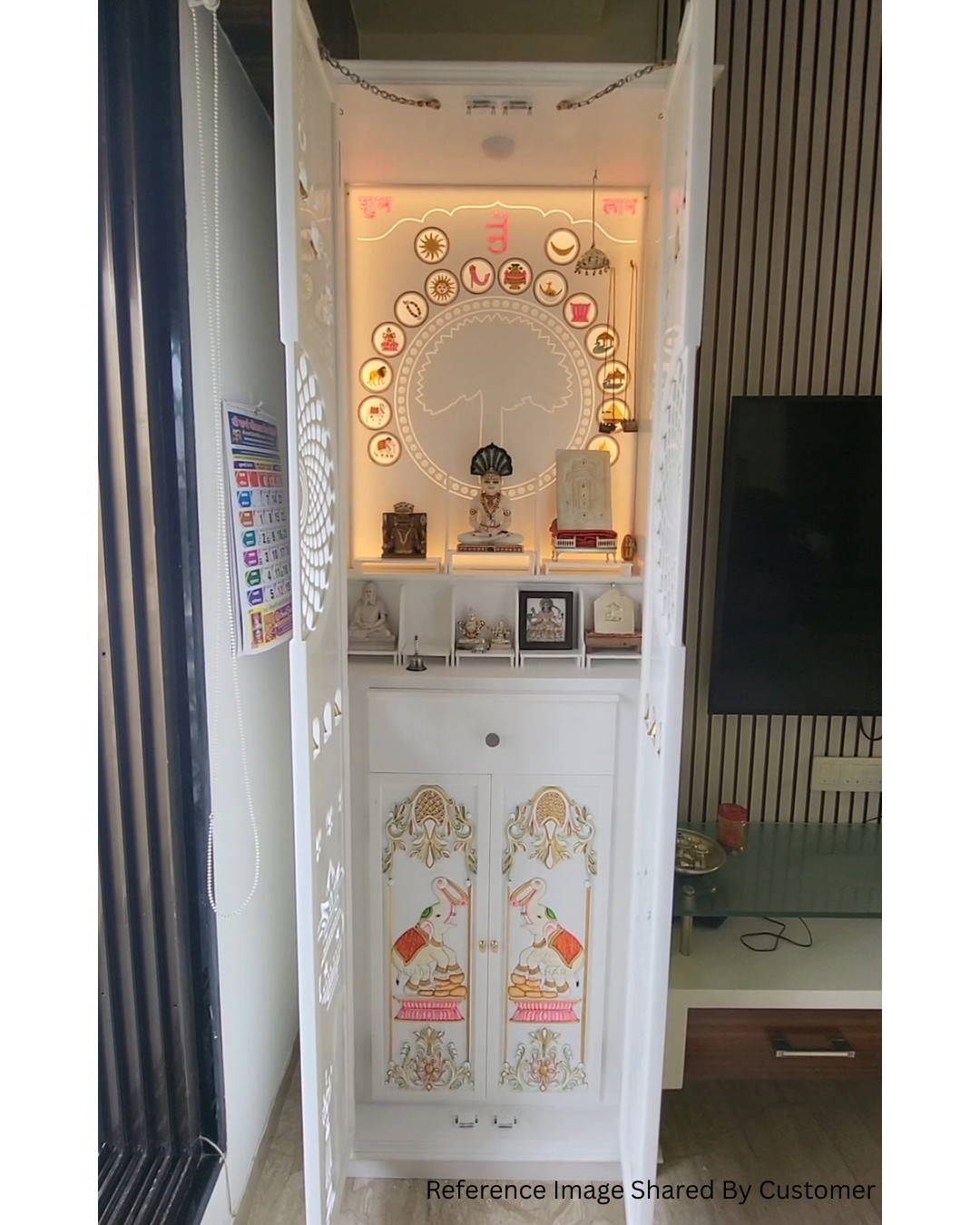 Modern white Corian pooja mandir 72×24×15 inch with backlit panel – Suthar Handicraft