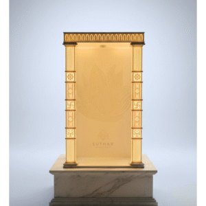 Premium 3.5ft Corian Mandir with side panels, bells, and illuminated pillars – 42" height, 24" width, 18" depth