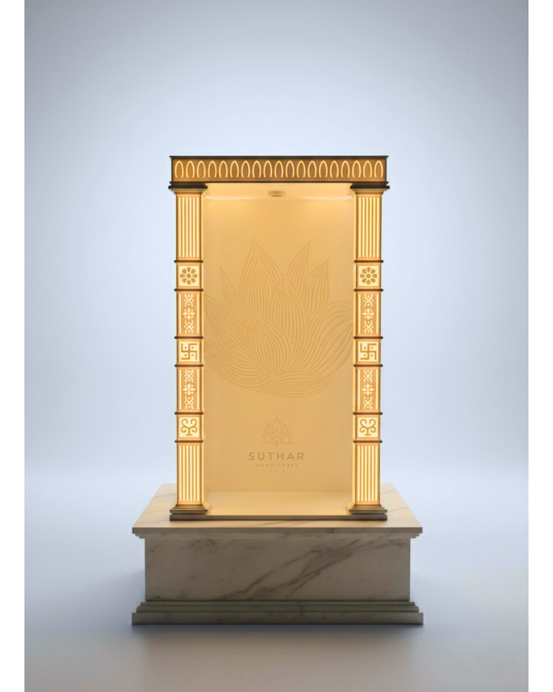 Premium 3.5ft Corian Mandir with side panels, bells, and illuminated pillars – 42" height, 24" width, 18" depth