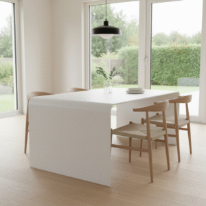 Premium 7ft Corian Dining Table with Curved Edge Design – White Solid Surface