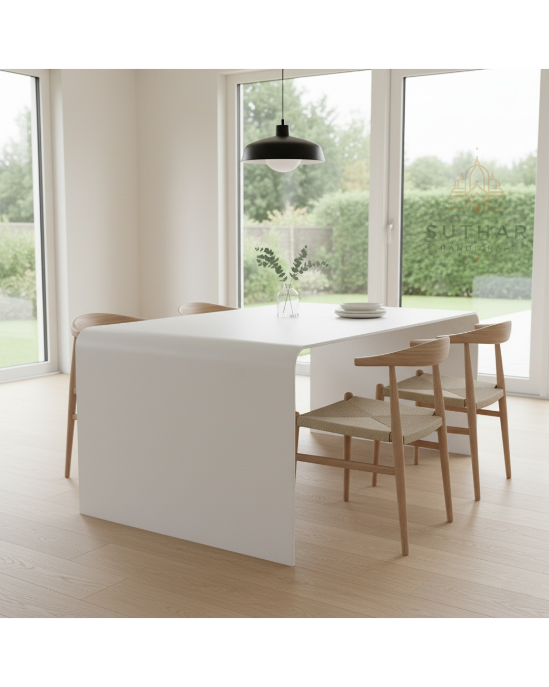 Premium 7ft Corian Dining Table with Curved Edge Design – White Solid Surface