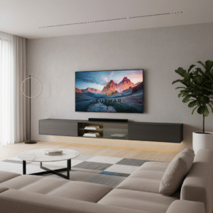 Modern Dark Grey Wall Mounted TV Unit with LED Lights – 8ft Sleek Corian Cabinet