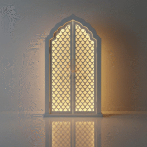 ustomizable 3ft Corian temple in Mumbai by Suthar Handicraft, with open doors highlighting the bespoke interior design option.