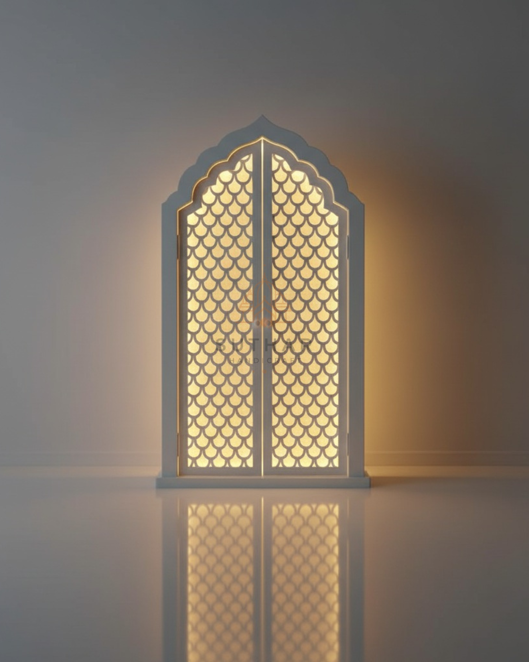 ustomizable 3ft Corian temple in Mumbai by Suthar Handicraft, with open doors highlighting the bespoke interior design option.