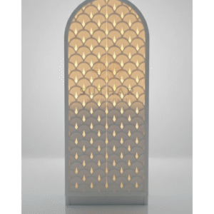 Modern Arc Shaped Corian Mandir by Suthar Handicraft, featuring a 5ft arched design and a graduated backlit jali panel.