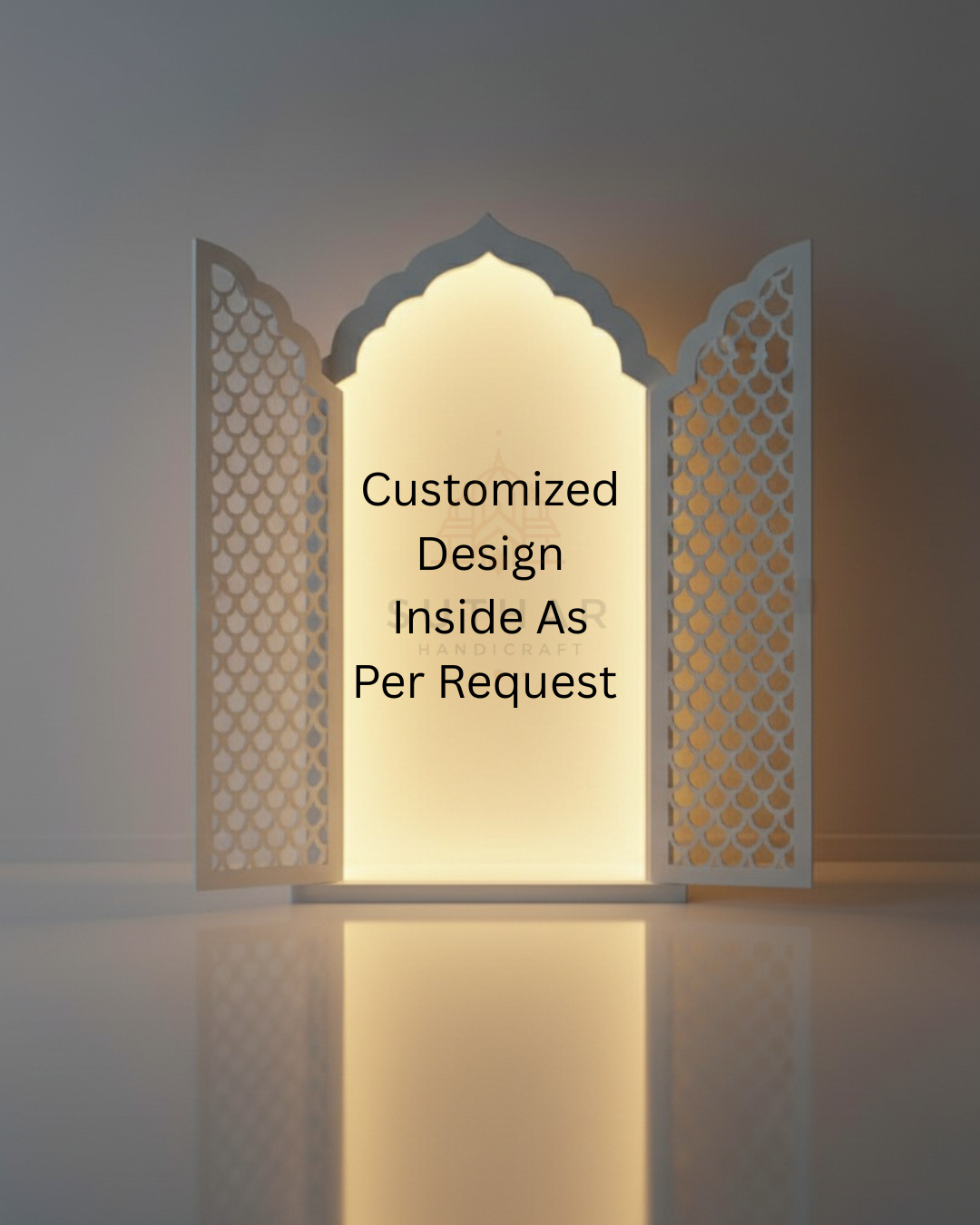 Modern white 36-inch Corian mandir, perfect for Mumbai apartments, featuring beautiful illuminated jali design.