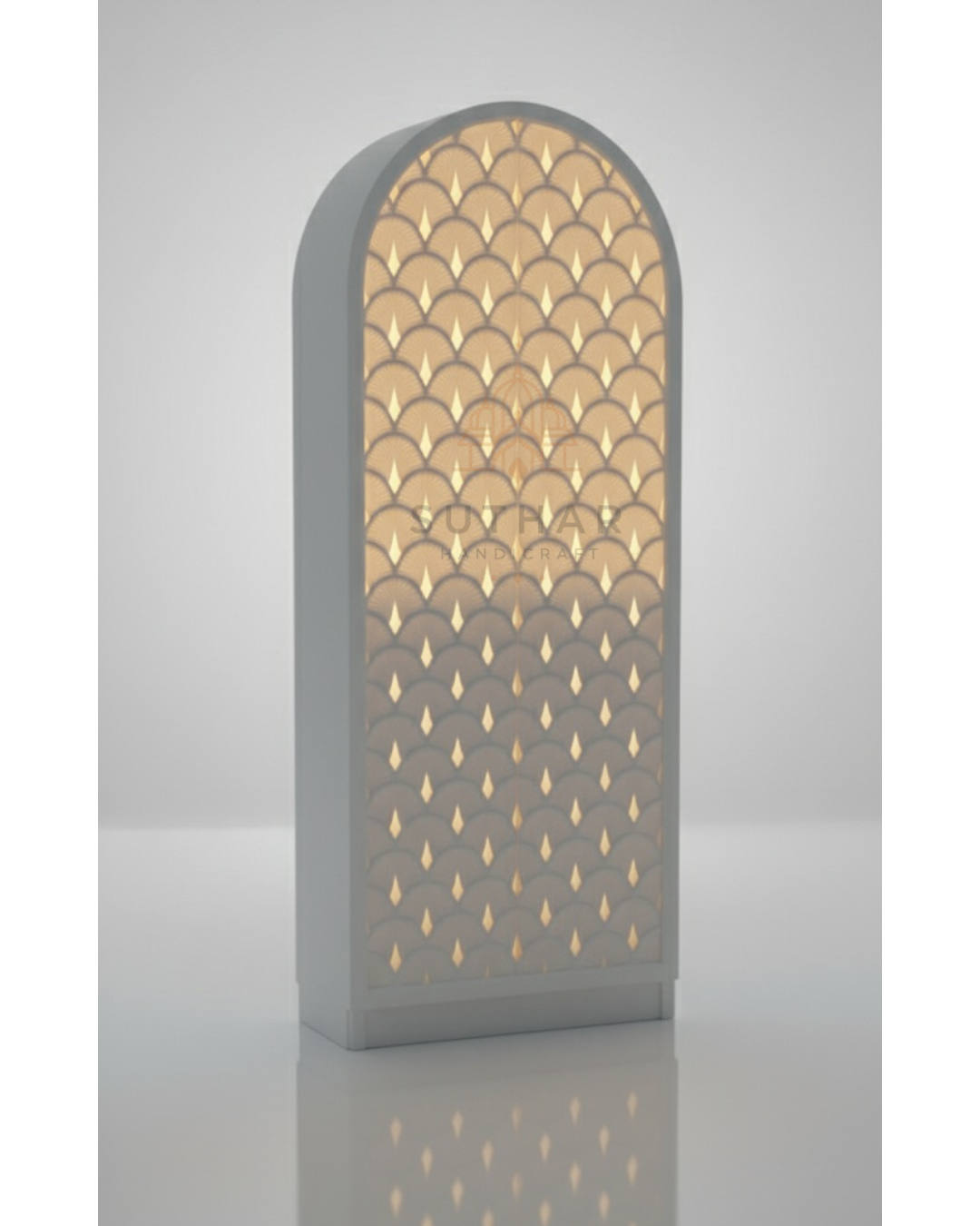 60-inch floor-standing arc shaped Corian temple with arched top, showing 18-inch width and 15-inch depth.