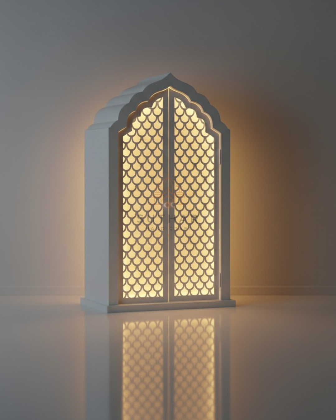 Backlit 3ft Pooja Mandir in Corian, handcrafted for Mumbai, showcasing the flexibility for custom interior elements.