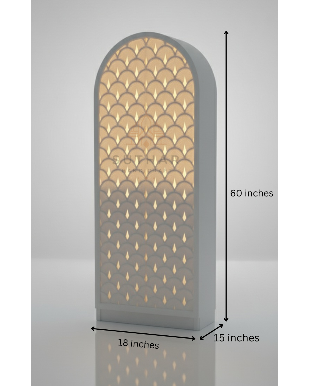 Customizable interior of a modern arc shaped Corian mandir, with options for engraving, designed by Suthar Handicraft.