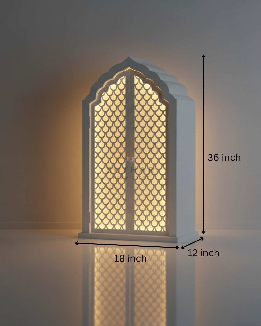 3ft Corian temple for Mumbai homes, showing elegant backlit jali doors and precise 36-inch dimensions.