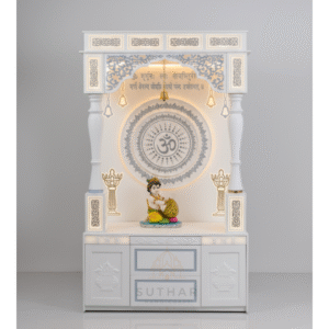 6 ft Premium Corian Mandir with embossed Om backlit design and round carved pillars – Suthar Handicraft
