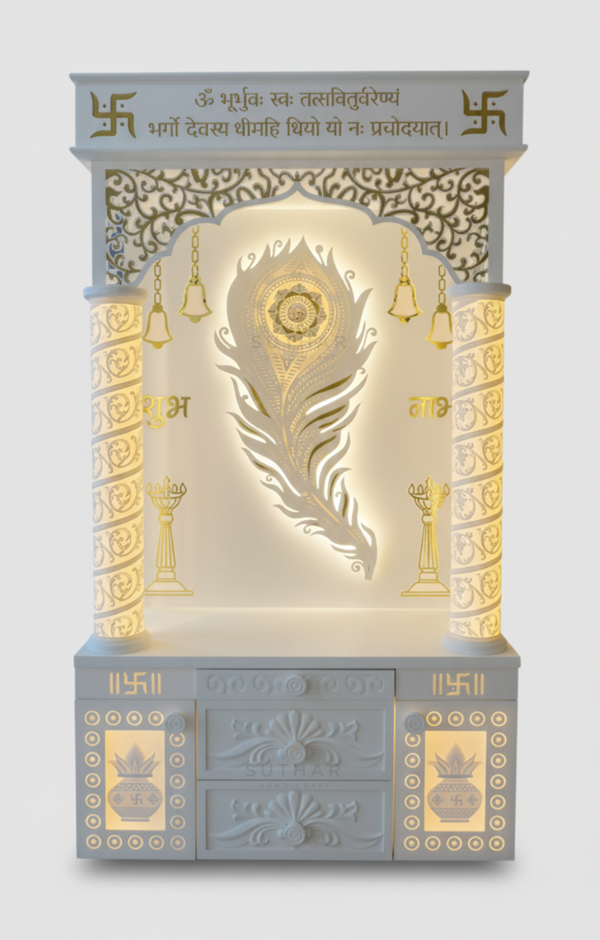 Designer Corian Mandir with Embossed Morpankh Design – 6ft Corian Marble Temple by Suthar Handicraft