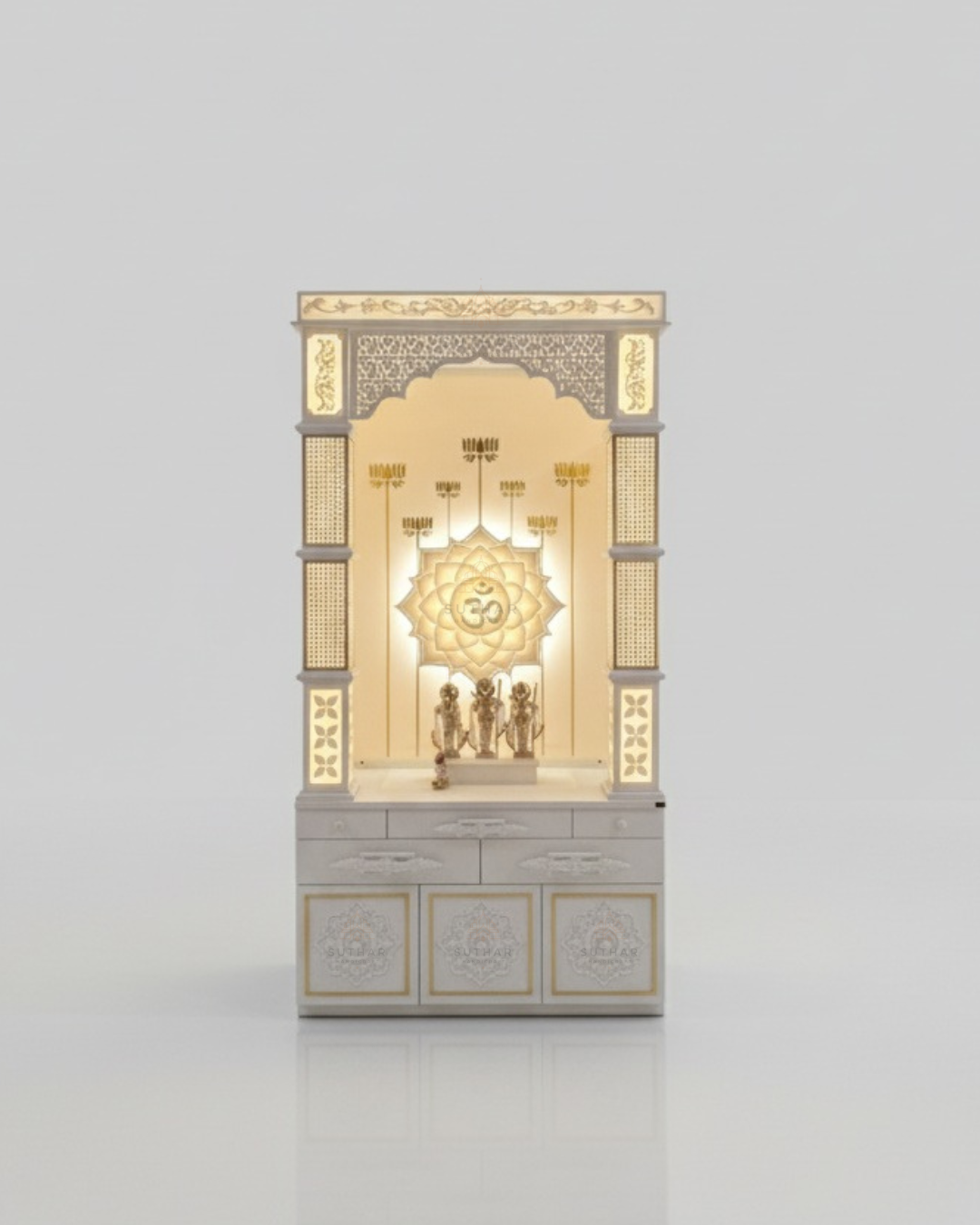 Rectangular Pillar Corian Mandir Without Door with Inside Om Design – Suthar Handicraft