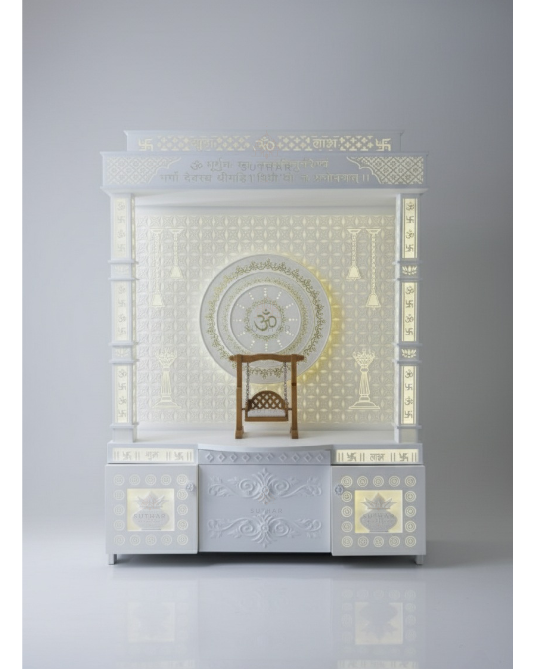 Handcrafted Corian Mandir for Home with Square Pillars and Om Carving