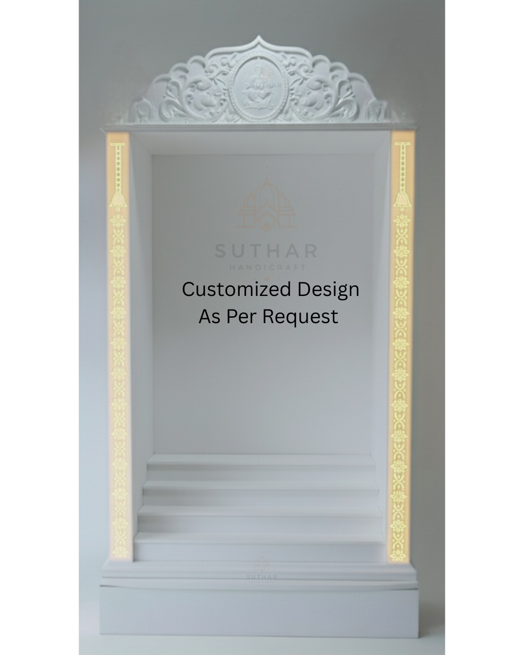 Customized Corian Mandir Design with Door and Lotus Carvings