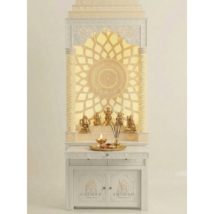 Luxury corian mandir design with lighted pillars in Mumbai by Suthar Handicraft