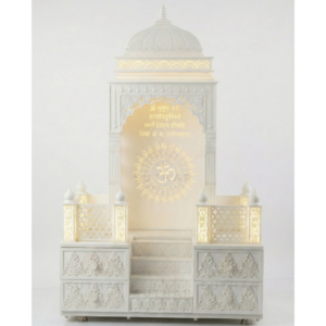 Traditional white Corian mandir with Om design back panel in Mumbai