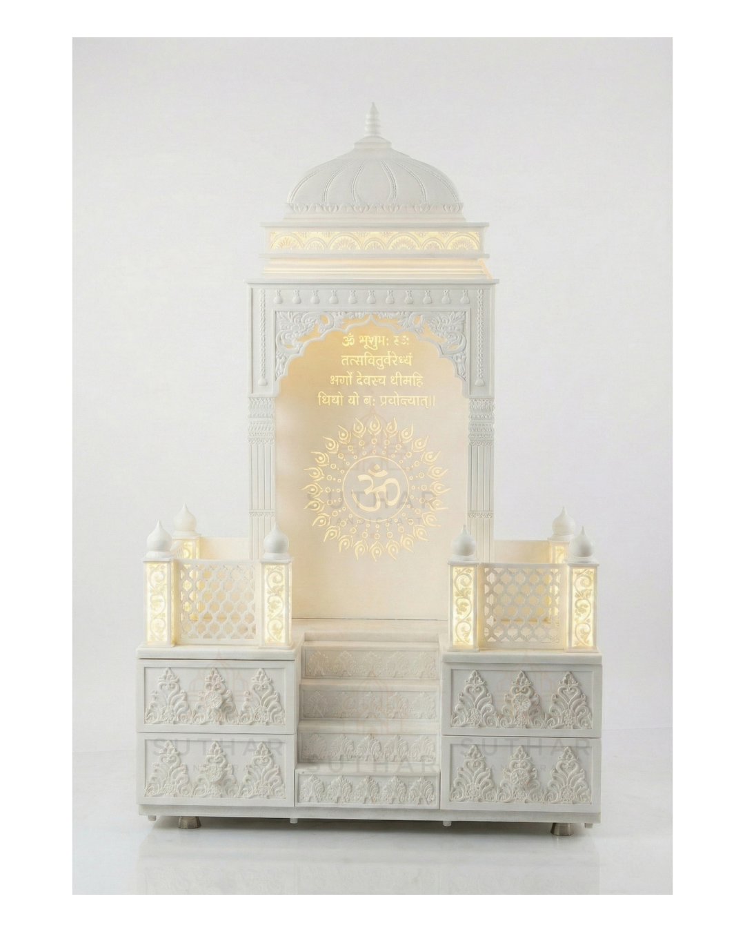 Traditional white Corian mandir with Om design back panel in Mumbai