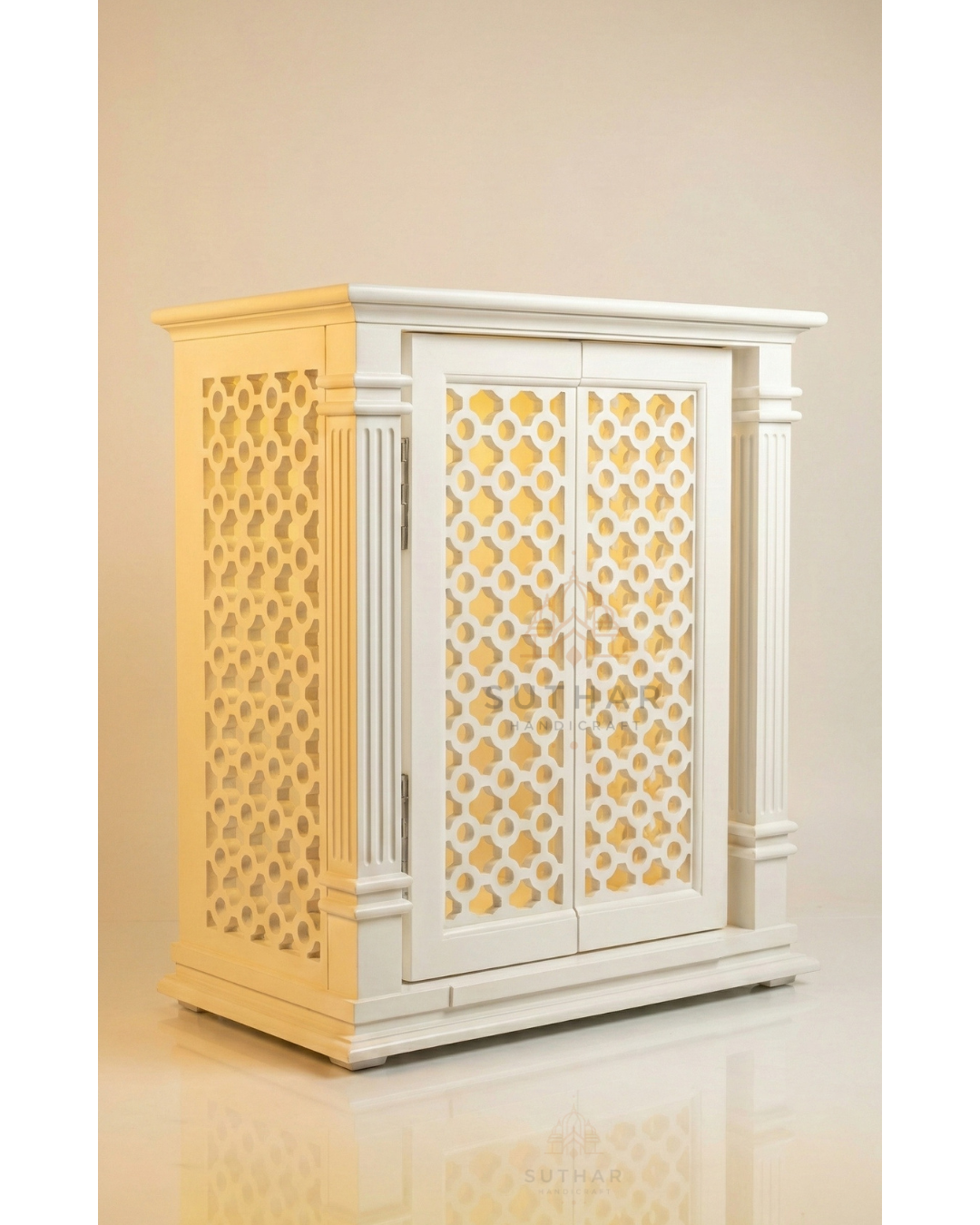 white corian mandir with jali doors mumbai