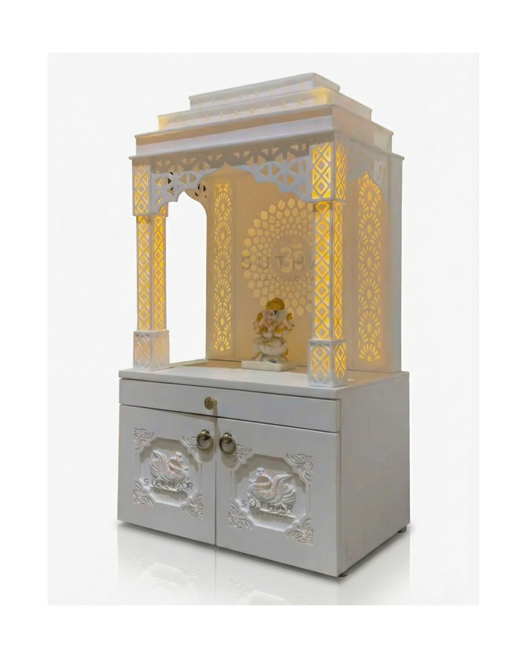 LED Corian Mandir with Om design and storage cabinet