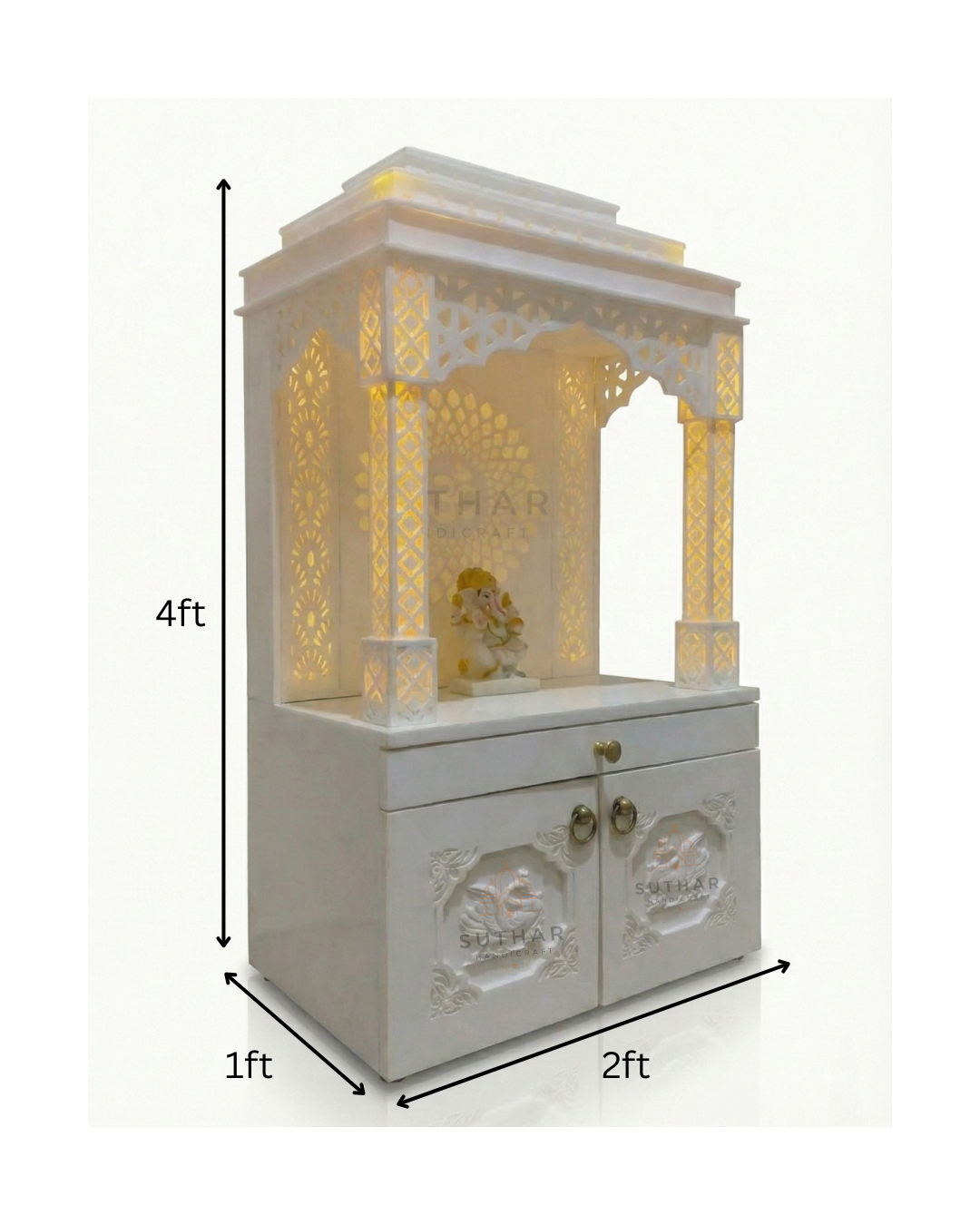 White Corian Mandir with Om carving and illuminated pillars