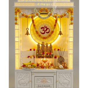 Corian Marble Mandir in Mumbai by Suthar Handicraft with LED Om design and luxury marble finish