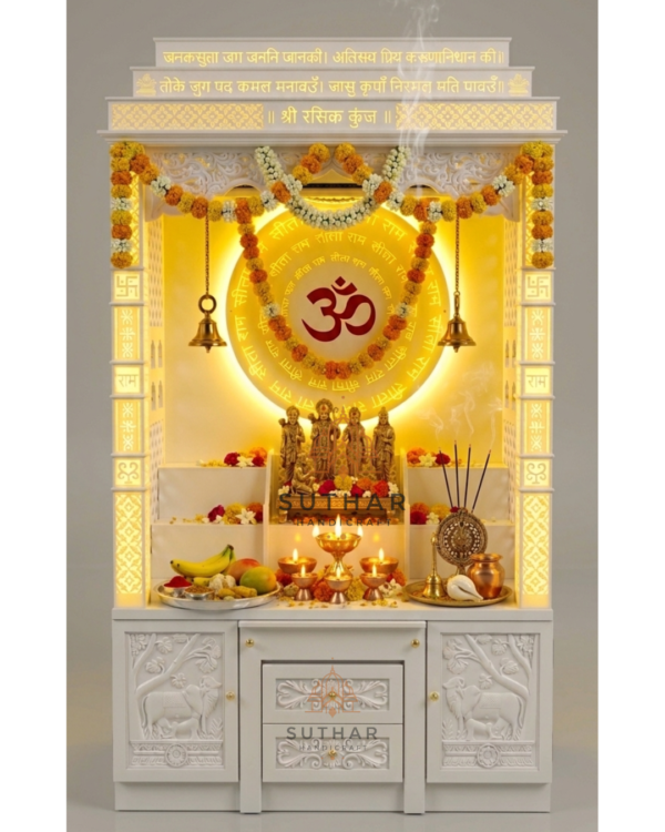 6ft Luxury Corian Marble Mandir Design with Seating, Cow Design Storage ...