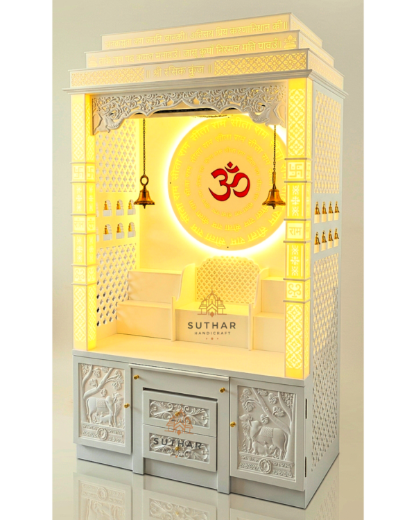6ft Luxury Corian Marble Mandir Design with Seating, Cow Design Storage ...