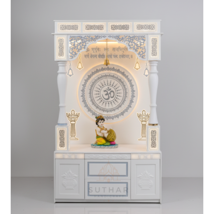 6 ft Premium Corian Mandir with embossed Om backlit design and round carved pillars – Suthar Handicraft